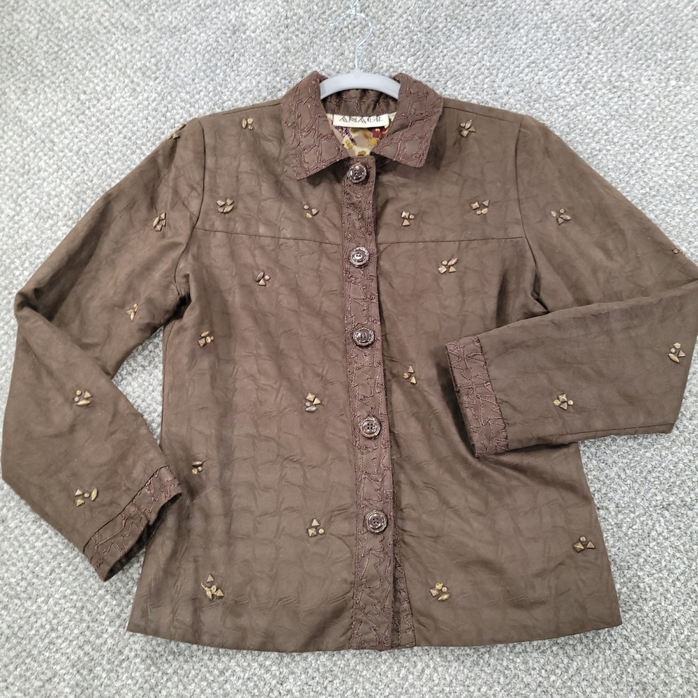 Anage Brown Studded Faux Suede Embroidered Jacket XS Floral Lining Boho Western